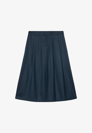 Gonna plissettata blu navy con una trama liscia e sottili righe verticali, dotata di chiusura con bottone e vita.