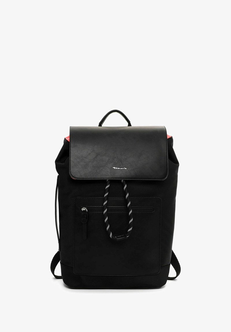 Sac à dos noir avec fermeture à rabat, poche zippée à l'avant, cordon de serrage rayé et poignée supérieure, de marque "Tamaris".