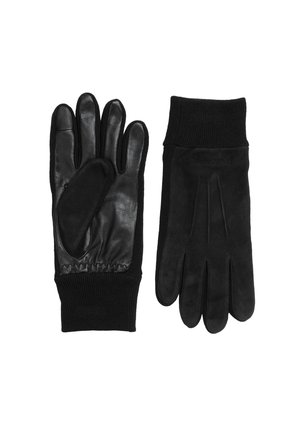 Paar schwarze Handschuhe mit Lederhandflächen und gestrickten Bündchen, Vorder- und Rückansicht vor weißem Hintergrund.