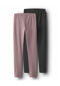 Dva para dolgih legginsov, en v prahasto roza in en v črni barvi, prikazana v ravni poziciji z vidnimi elastičnimi pasovi.