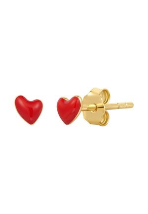 Boucles d'oreilles en forme de cœur rouge avec une finition brillante, entourées d'une bordure en métal doré et d'une fermeture arrière sécurisée.