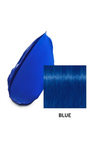 Blaue Farbe in einer glatten, dicken Schicht neben einem Farbmuster blauen Haars mit glänzender, glatter Textur. Beide zeigen eine lebendige blaue Farbe.