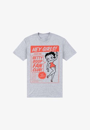 Grå bomuld t-shirt med et retro Betty Boop grafik i sort og rødt, med tekst der opfordrer til at melde sig ind i fanclubben og en tilfredshedsgaranti.