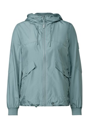 Chaqueta con capucha de un suave color verde azulado, con cierre frontal, puños elásticos y dos grandes bolsillos delanteros. Fabricada en un tejido liso y brillante, con capucha ajustable mediante cordón.
