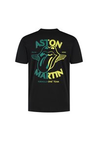 Czarna bawełniana koszulka z grafiką przedstawiającą "ASTON MARTIN" oraz logo języka w kolorach żółtym i turkusowym, z napisem "ROLLING STONES".
