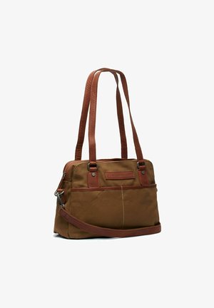Borsa in tela marrone con dettagli in pelle marrone, doppi manici e tracolla regolabile. Presenta una tasca frontale e chiusura con zip.