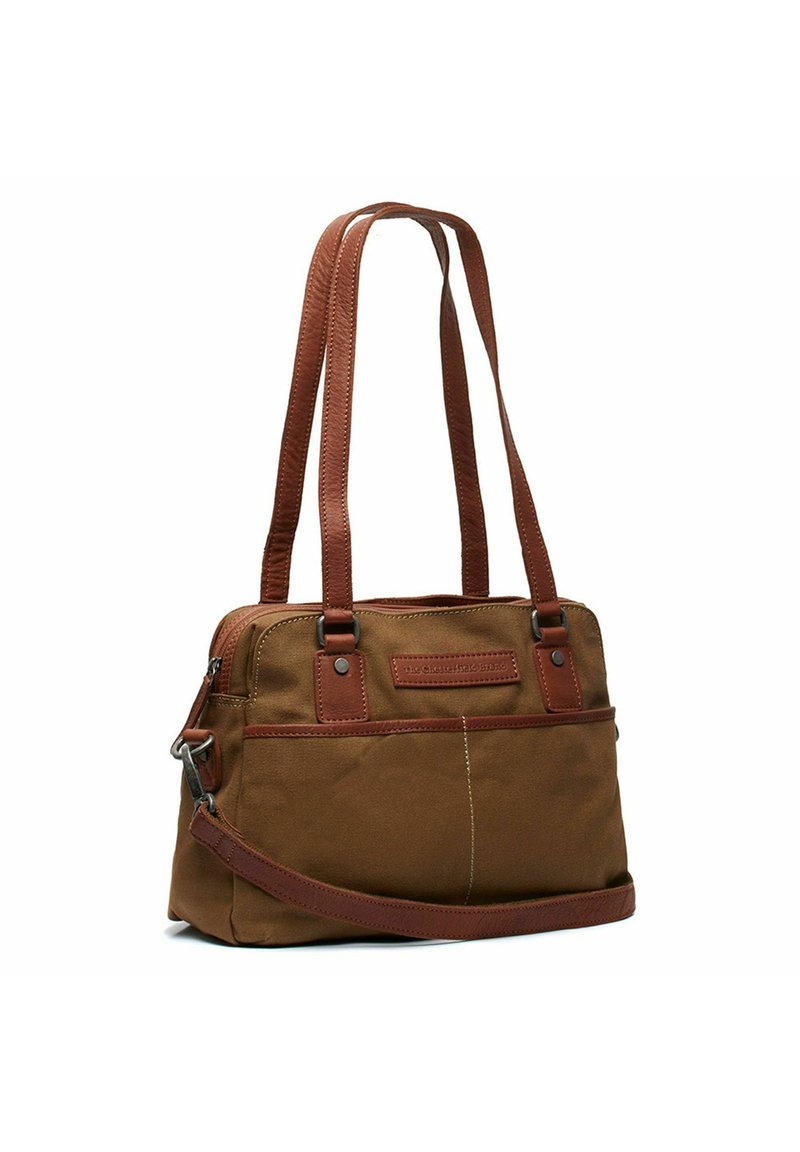 Borsa in tela marrone con dettagli in pelle marrone, doppi manici e tracolla regolabile. Presenta una tasca frontale e chiusura con zip.