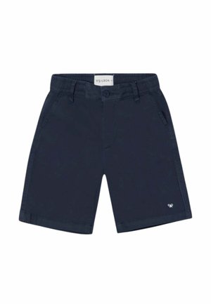 Pantalones cortos infantiles azul marino con cintura elástica, cierre de botón, trabillas para cinturón, bolsillos laterales y pequeño logo en la pierna izquierda.