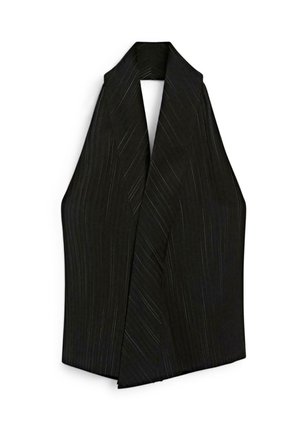 Schwarzer Textilwickel mit maßgeschneidertem Design und diagonalen Texturlinien. Glattes Gewebe mit einer klaren, strukturierten Silhouette.