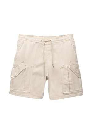 Beige cargo shorts med elastisk talje og snøre. Har to store forlommer med skrå klapper og blødt bomuldsstof.