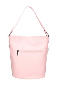 Borsa a spalla in pelle rosa con una finitura testurizzata, dotata di una sola tracolla e una tasca frontale con zip. Forma semplice e arrotondata.