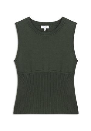 Haut sans manches vert foncé en tissu tricoté doux, avec une texture côtelée, un col rond et un design ajusté avec un corps lisse.
