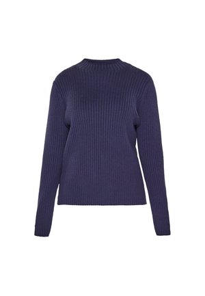 Maglione ribbed blu navy con maniche lunghe, scollatura a girocollo e finitura testurizzata. Il maglione ha una silhouette aderente e un design minimalista.