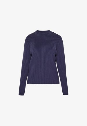 Maglione ribbed blu navy con maniche lunghe, scollatura a girocollo e finitura testurizzata. Il maglione ha una silhouette aderente e un design minimalista.