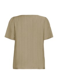 Haut rectangulaire à manches courtes de couleur vert olive atténué, fabriqué dans un tissu léger et texturé avec un motif de rayures verticales subtil.
