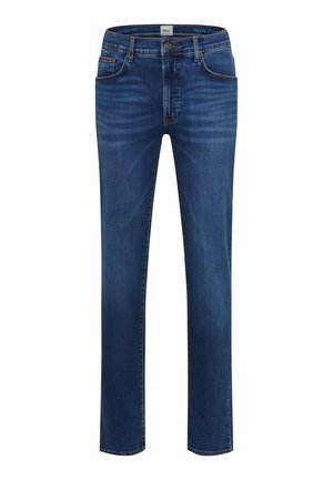 Jeans in denim blu scuro con taglio dritto, dotati di tasche frontali e chiusura a bottone. Accenti sdruciti aggiungono texture.