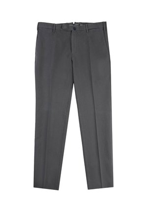 Grijze op maat gemaakte broek met een gladde textuur, recht model en een klassieke tailleband. Voorzien van steekzakken en metalen hardware.