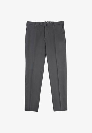 Pantalones gris ajustados con una textura suave, diseño de pierna recta y cinturilla clásica. Cuenta con bolsillos frontales y herrajes metálicos.