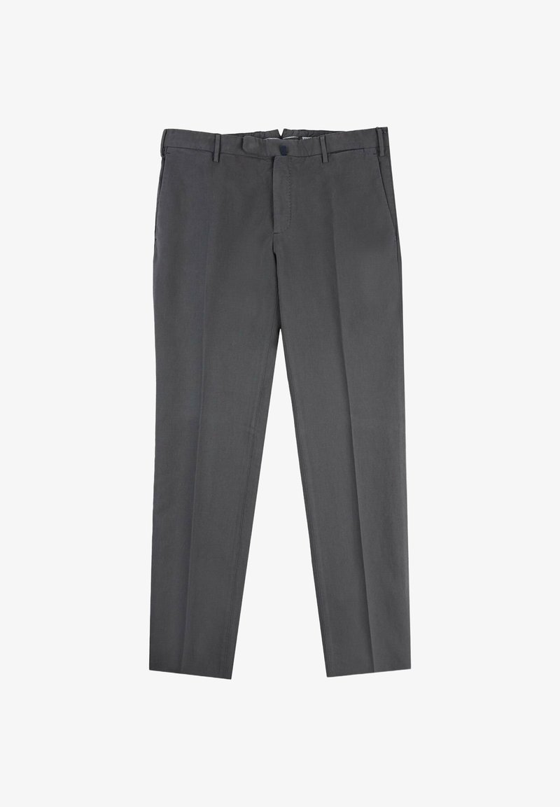 Pantalons gris ajustés avec une texture lisse, une coupe droite et une taille classique. Comprend des poches avant et du matériel en métal.