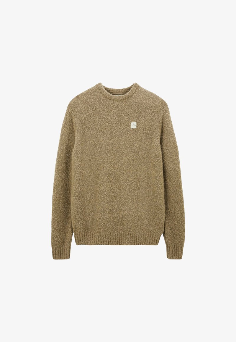 Pull en tricot beige en tissu texturé avec un col rond et des poignets côtelés. Présente une petite étiquette logo à l'avant.