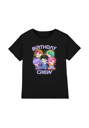 Black short-sleeve T-shirt featuring colorful cartoon characters with the text "BIRTHDAY CREW" in bright, bold fonts.