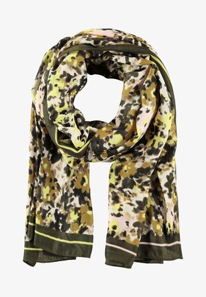Écharpe en tissu doux avec imprimé léopard abstrait jaune, vert olive, noir et beige, et bords rayés vert foncé.
