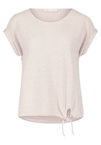 Haut rose clair à manches courtes avec un motif texturé, décolleté arrondi et un détail noué sur le côté inférieur gauche. Tissu doux et léger.
