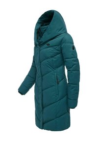 Teal puffer coat with a large hood, featuring diagonal quilted stitching, a zippered front, and side pockets. Soft, smooth texture.
