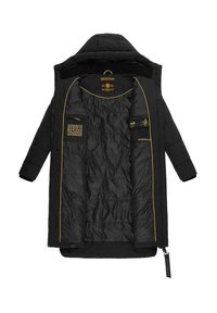 Svart puffjacka med quiltad textur. Inredningen har gula accenter, flera fickor och varumärkesetiketter. Dragkedja framtill.
