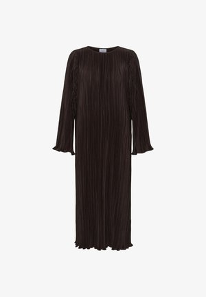Long brown pleated dress with long sleeves and flared cuffs, featuring a round neckline and a flowing silhouette. Smooth texture throughout.