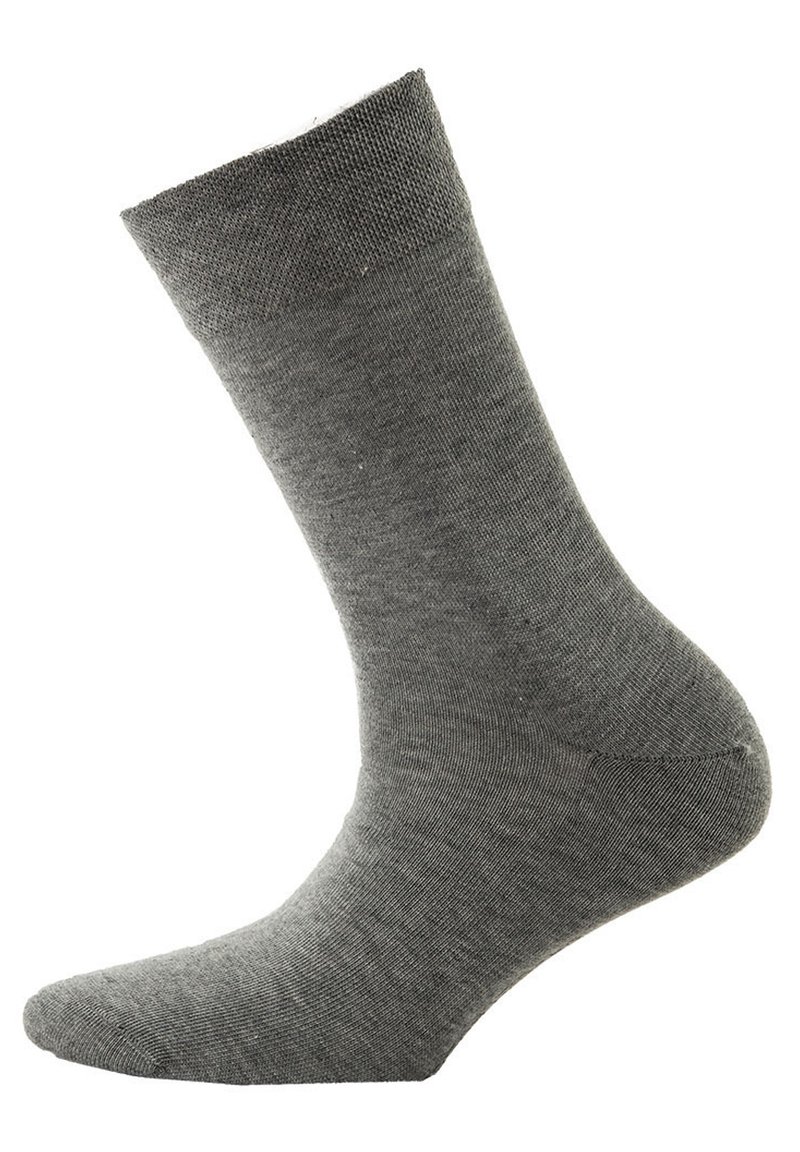 Grau, gestrickte Socke mit einer glatten Textur, in mittlerer Schafhöhe, verstärkter Spitze und einem gerippten Bündchen für einen sicheren Sitz.