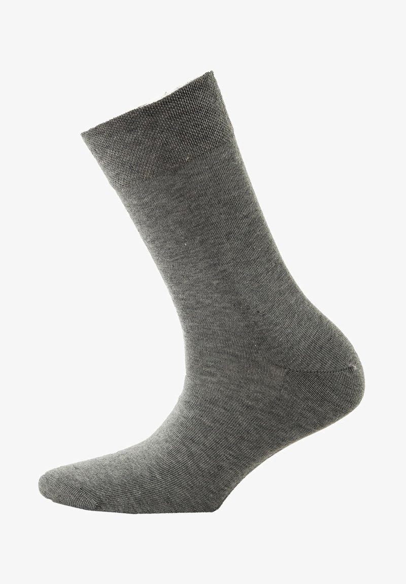 Grau, gestrickte Socke mit einer glatten Textur, in mittlerer Schafhöhe, verstärkter Spitze und einem gerippten Bündchen für einen sicheren Sitz.