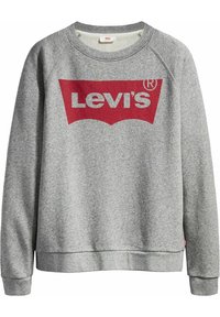 Gray sweatshirt with a red Levi's logo on the chest. Features a round neck, long raglan sleeves, and ribbed cuffs and hem.