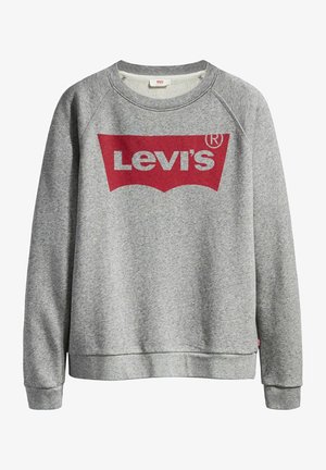 Szara bluza z czerwoną logo Levi's na piersi. Posiada okrągły dekolt, długie raglanowe rękawy oraz ściągacze na mankietach i dole.