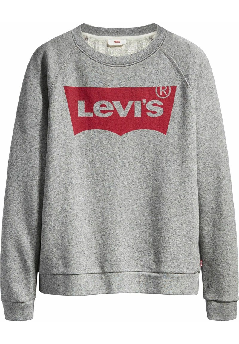 Gray sweatshirt with a red Levi's logo on the chest. Features a round neck, long raglan sleeves, and ribbed cuffs and hem.