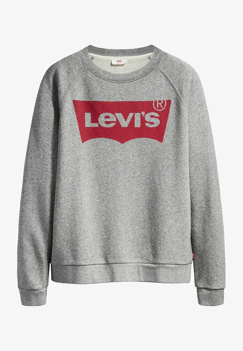 Gray sweatshirt with a red Levi's logo on the chest. Features a round neck, long raglan sleeves, and ribbed cuffs and hem.