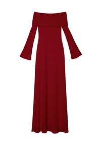 Robe maxi rouge à épaules dénudées avec de longues manches évasées, corsage ajusté et jupe fluide. Fabriquée dans un tissu lisse.