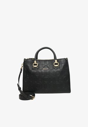 Sac à main structuré noir en cuir texturé, présentant un design de logo embossé. Quincaillerie en ton doré et bandoulière amovible incluses.