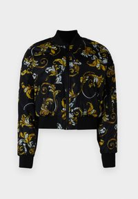 Black bomber jacket with yellow and white floral print, ribbed cuffs and hem, zip closure, padded design, and side pocket.