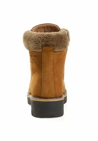 Braune Lederstiefelette mit einem weichen, tannfarbenen Kunstfellkragen, kontrastierender dunkler Gummisohle und sichtbaren Nähdetails.