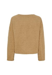 Beige fleece pullover med lange ærmer, rundet hals og en blød, struktureret overflade. Har en afslappet pasform og cropped længde.