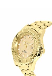 Gold-tone wristwatch with a round face, beige dial, and luminous hour markers. Features a metal bracelet and a rotating bezel, water-resistant.