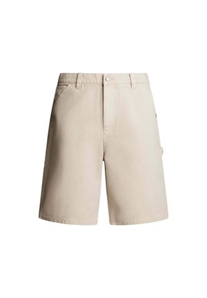 Beige cotton shorts with a smooth texture, featuring belt loops, front pockets, and a side cargo pocket. Front button closure.