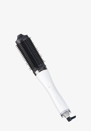 Brosse à cheveux électrique rotative blanche et noire avec des poils, bouton d'alimentation sur la poignée et cordon fixé à la base.
