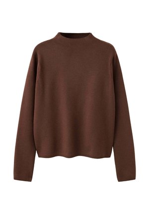 Jersey marrón de manga larga con cuello redondo, con un corte simple y holgado y textura de punto lisa, presentado sobre un fondo blanco.