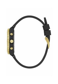 Vista laterale di un orologio da polso nero e oro con cassa rotonda, cinturino nero, bottoni dorati e fibbia dorata su sfondo bianco.