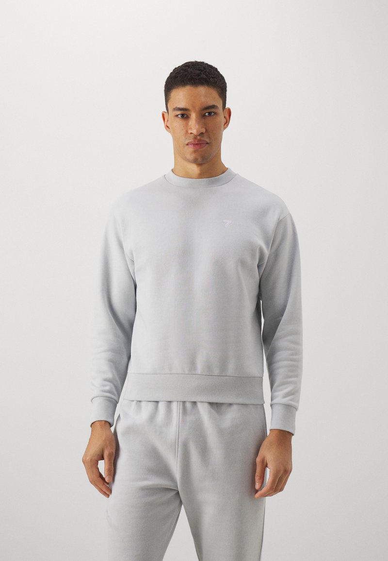 Sudadera gris claro con cuello redondo, puños y dobladillo acanalados. Presenta un pequeño y sutil logo en el pecho. Textura de tela suave.