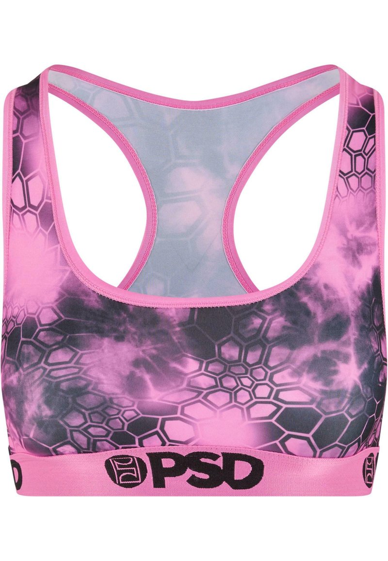 Roze sportski grudnjak s uzorkom u obliku saća koji ima gradijentni efekt. Dizajniran u stilu s racerback leđima i crnom trakom s logom na dnu.