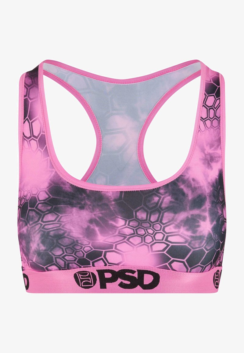 Roze sportbeha met een honingraatpatroon en een gradient effect. Ontworpen met een racerback stijl en een zwarte logo band aan de onderkant.