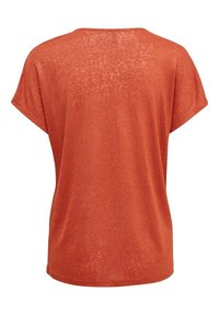 Pomarańczowa bluzka z krótkim rękawem i luźnym fasonem, z okrągłym dekoltem i lekko zaokrąglonym dołem, pokazana z tyłu na białym tle.